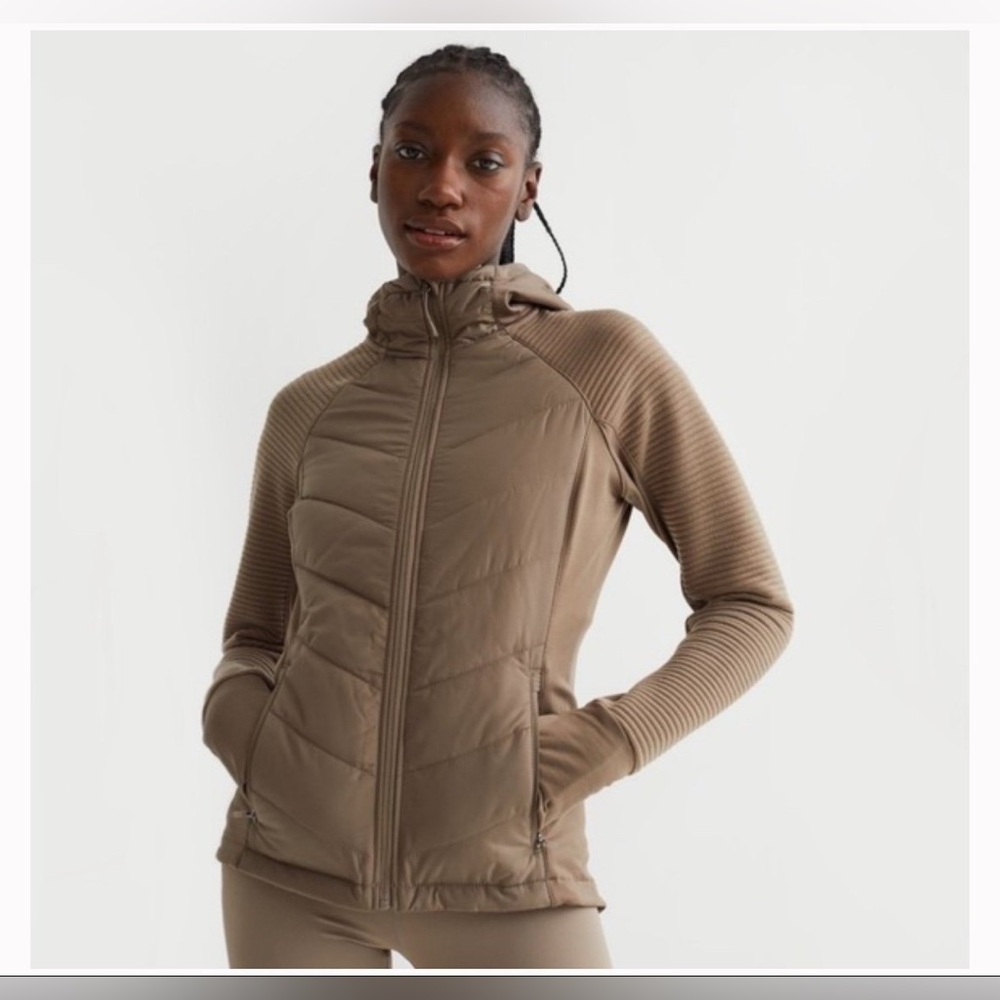 h&m puffer hooded lightweight winter jacket dark beige Carmel tan size small